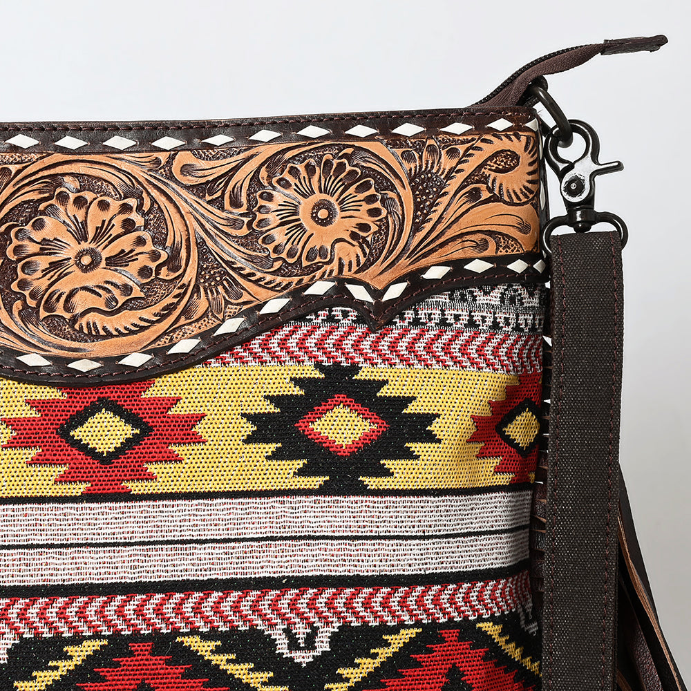 OHLAY Large Crossbody Hand Tooled Upcycled Canvas Genuine Leather Women Bag Western Handbag Purse