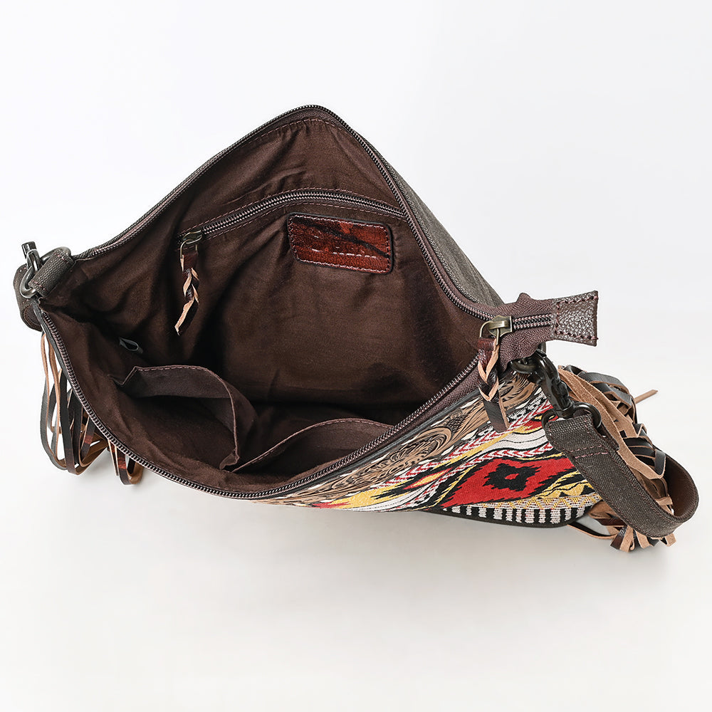 Ohlay Large Crossbody Hand Tooled Upcycled Canvas Genuine Leather