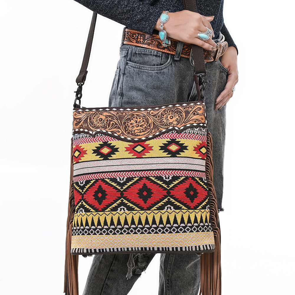 Ohlay Large Crossbody Hand Tooled Upcycled Canvas Genuine Leather