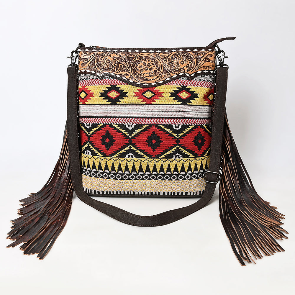 Ohlay Large Crossbody Hand Tooled Upcycled Canvas Genuine Leather