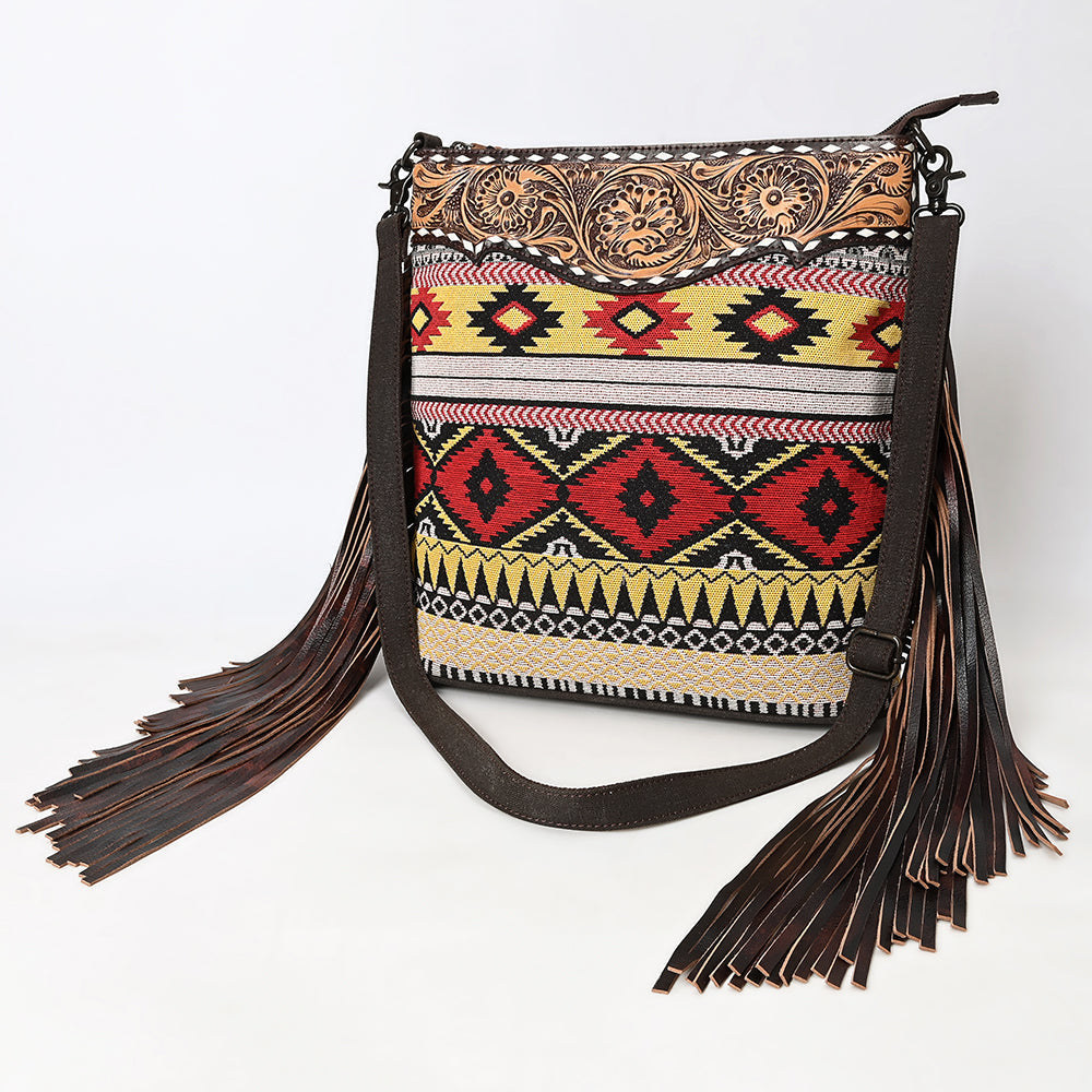 Ohlay Large Crossbody Hand Tooled Upcycled Canvas Genuine Leather