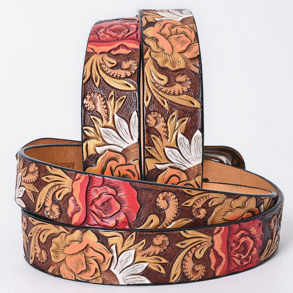 American Darling Floral Hand Carved Painted Belt Buckle Genuine Leather Covered Stylish Brown | Western