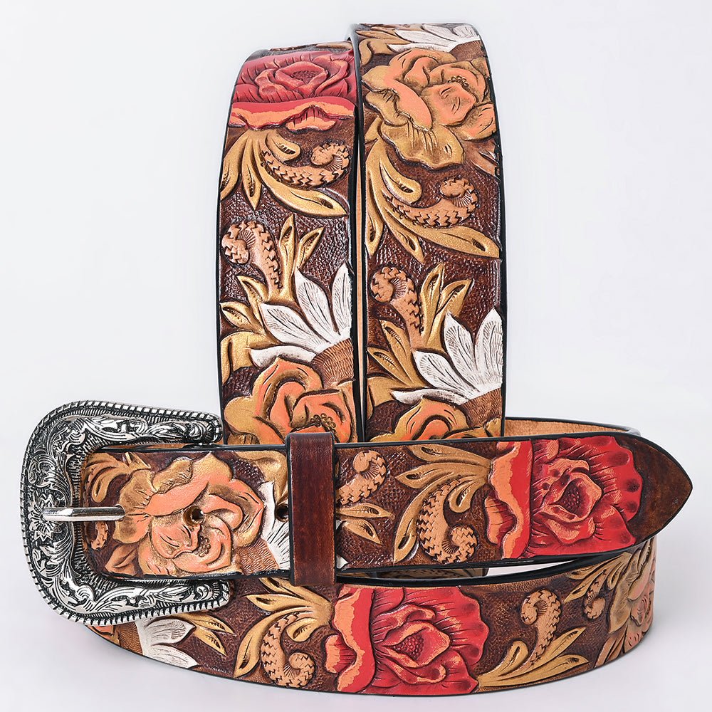 American Darling Floral Hand Carved Painted Belt Buckle Genuine Leather Covered Stylish Brown | Western