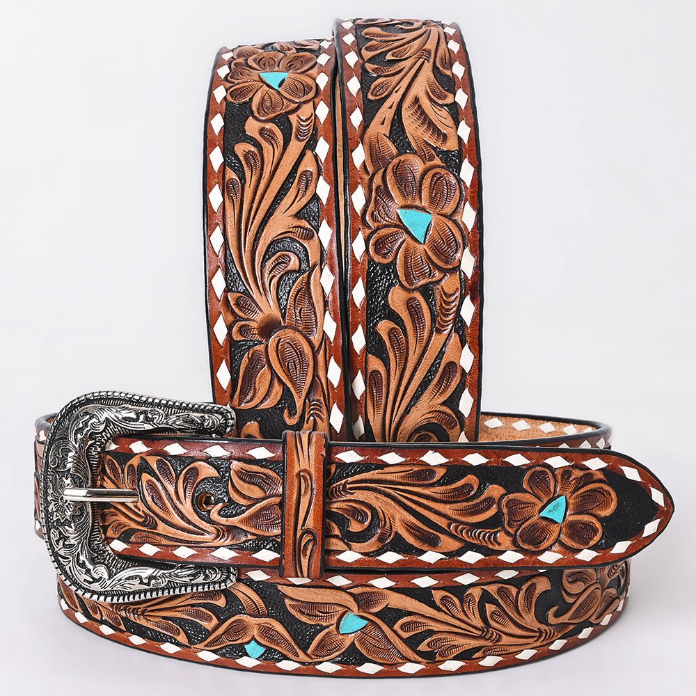 American Darling Floral Hand Carved Painted Belt Buckle Genuine Leather Covered Stylish Brown | Western