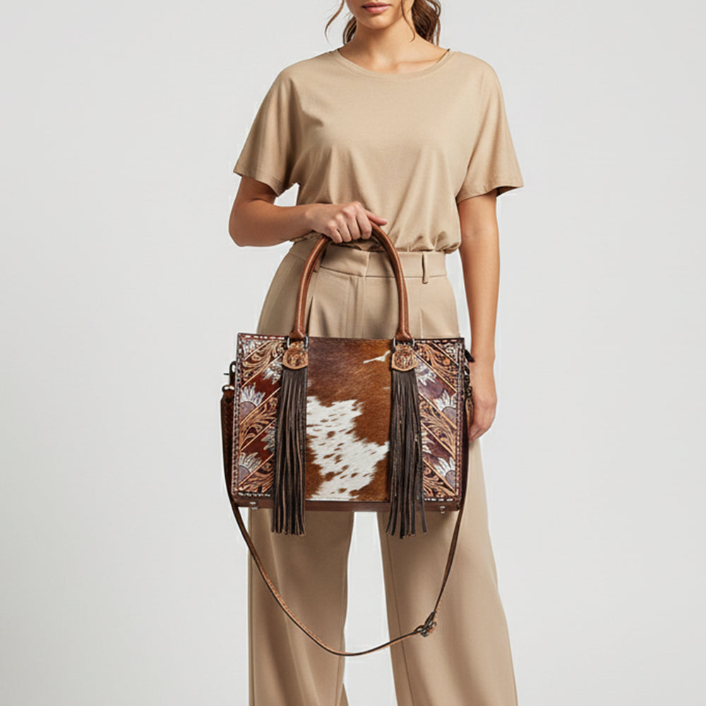 American Darling Western Tote Bag Handcrafted from Hair-On Cowhide & Genuine Leather | Fringe, Hand-Tooled Accents & YKK Zipper