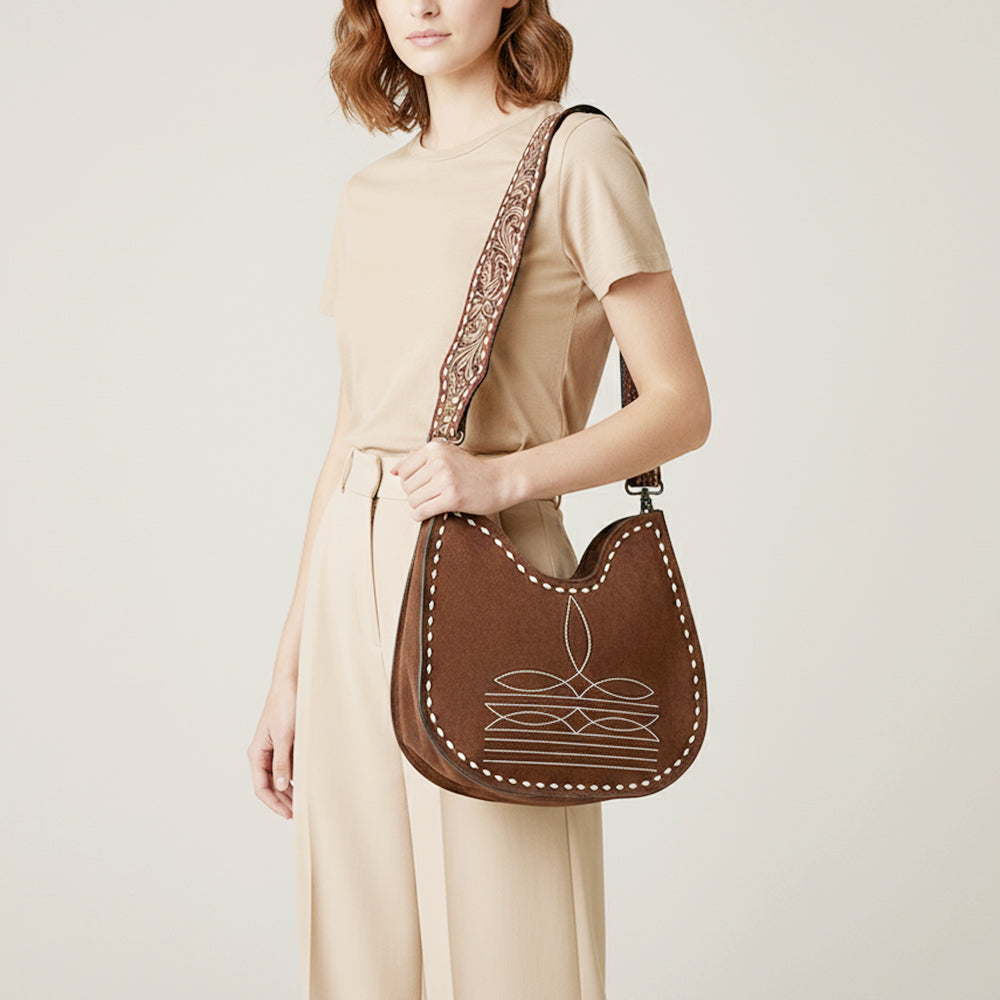 American Darling Western Hobo Bag Handcrafted from Black Genuine Suede Leather | Boot Stitched Front, Hand-Tooled Floral Strap & YKK Zipper