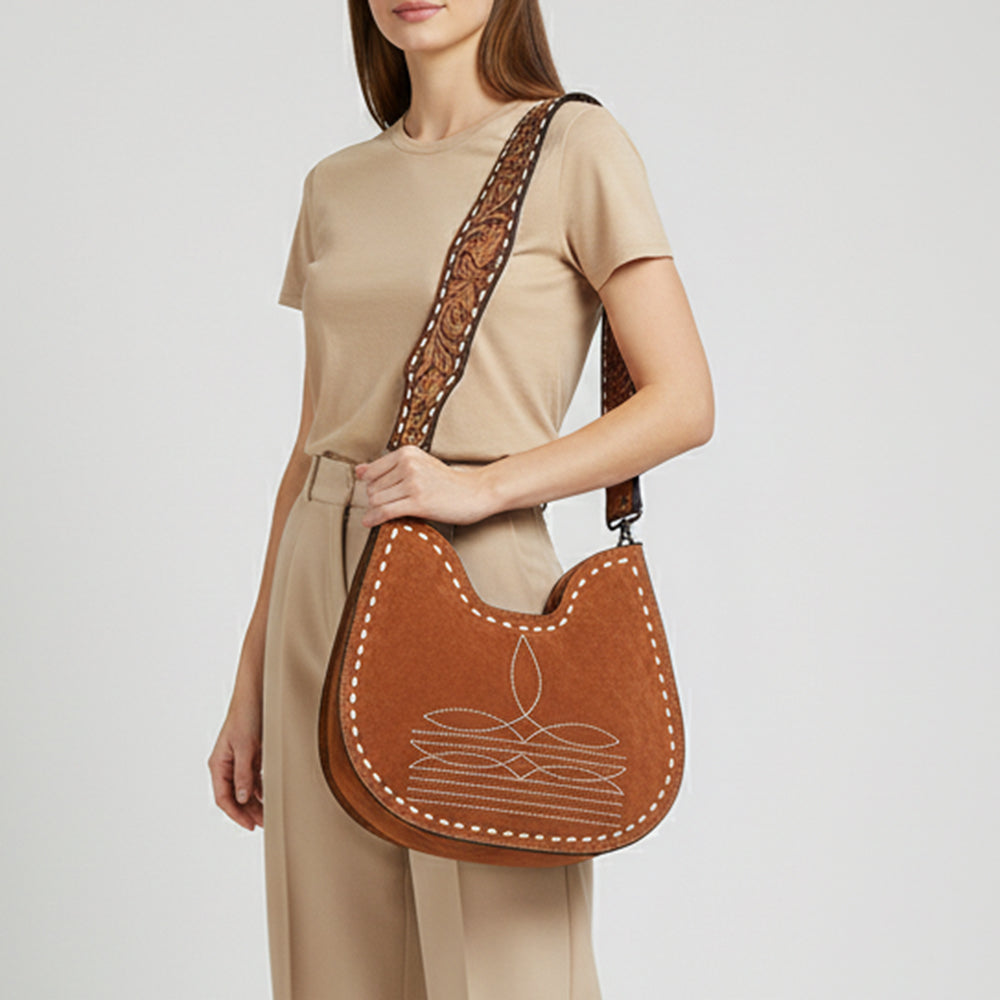 American Darling Western Hobo Bag Handcrafted from Black Genuine Suede Leather | Boot Stitched Front, Hand-Tooled Floral Strap & YKK Zipper