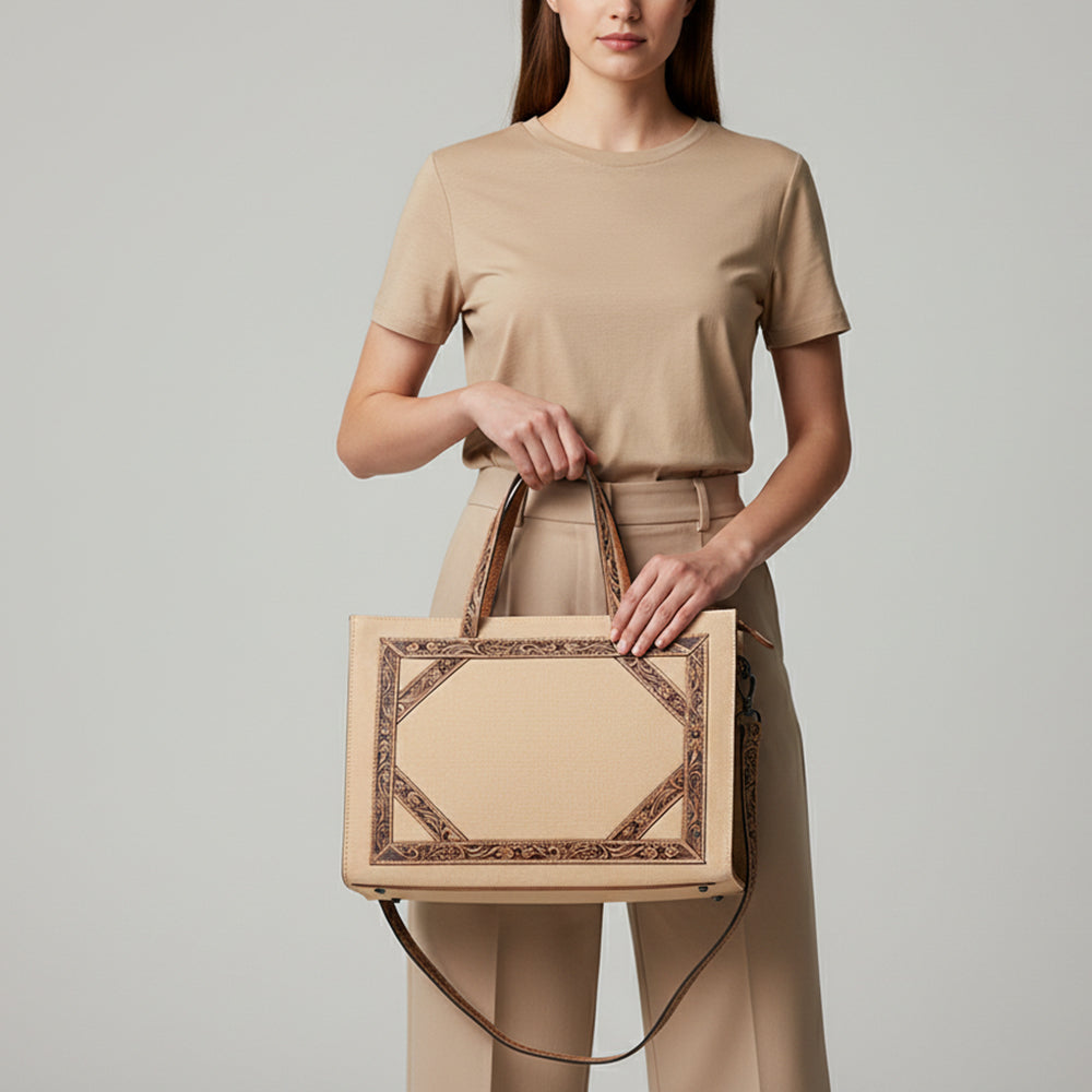American Darling Tote Bag for Women, Hand Tooled Floral Carved Panels, Vegetable-Tanned Genuine Leather Western Purse
