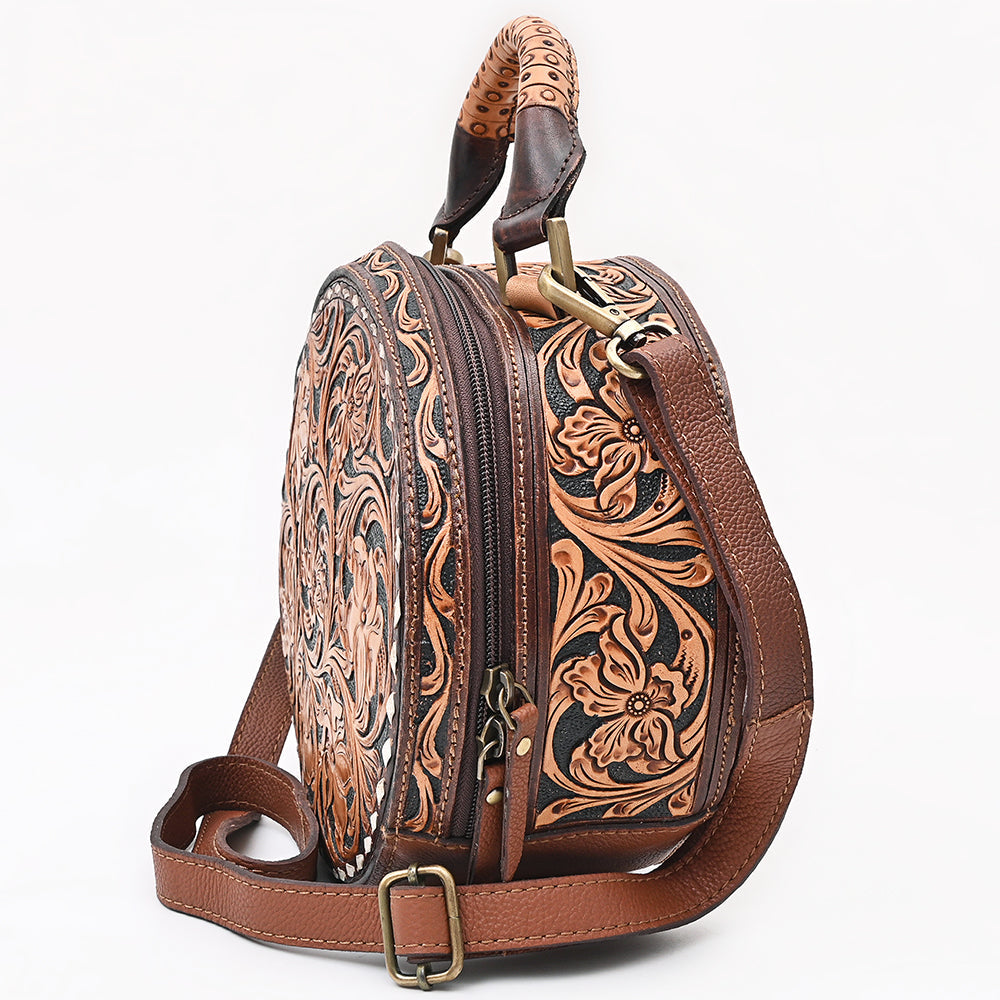 American Darling Canteen Bag Western Hand Tooled Floral Genuine Leather Purse with Buck Stitched Detail and YKK Zipper