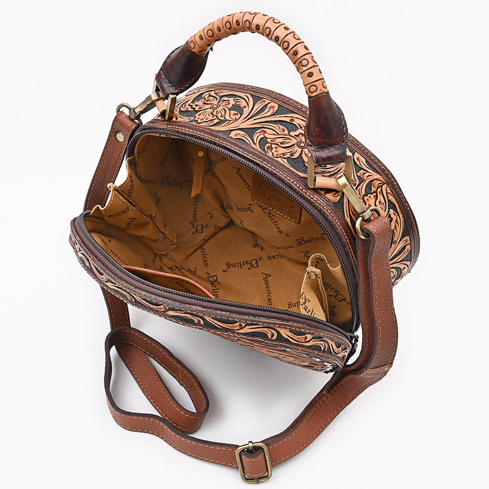 American Darling Canteen Bag Western Hand Tooled Floral Genuine Leather Purse with Buck Stitched Detail and YKK Zipper