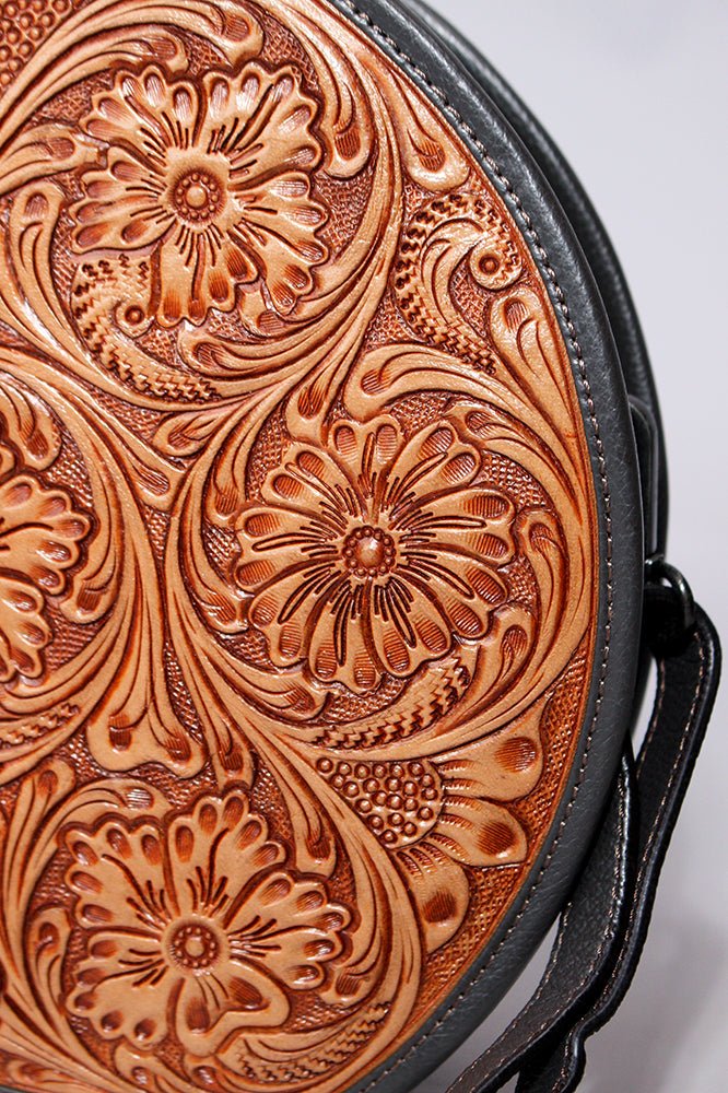 Genuine Leather Floral Tooled Round Crossbody Bag With Vintage Western Detailing