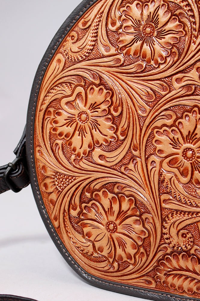 Genuine Leather Floral Tooled Round Crossbody Bag With Vintage Western Detailing