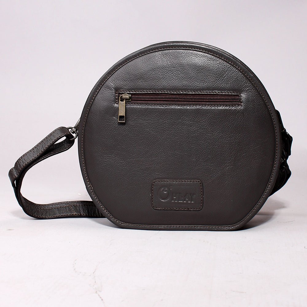 Genuine Leather Floral Tooled Round Crossbody Bag With Vintage Western Detailing