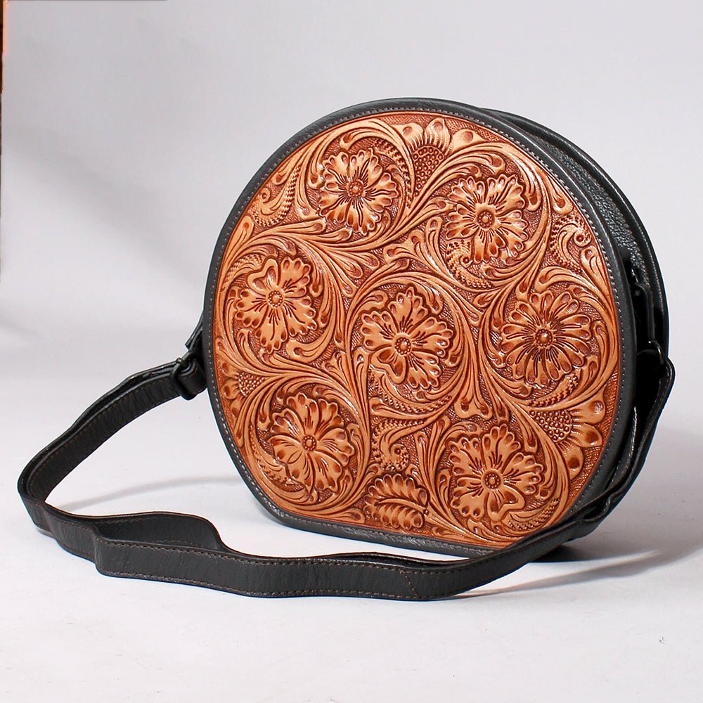 Genuine Leather Floral Tooled Round Crossbody Bag With Vintage Western Detailing