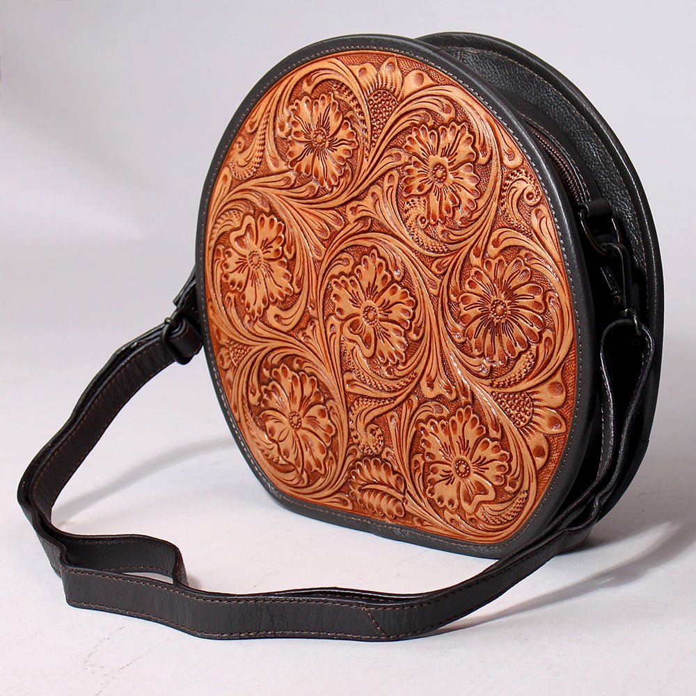 Genuine Leather Floral Tooled Round Crossbody Bag With Vintage Western Detailing