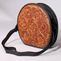 Genuine Leather Floral Tooled Round Crossbody Bag With Vintage Western Detailing