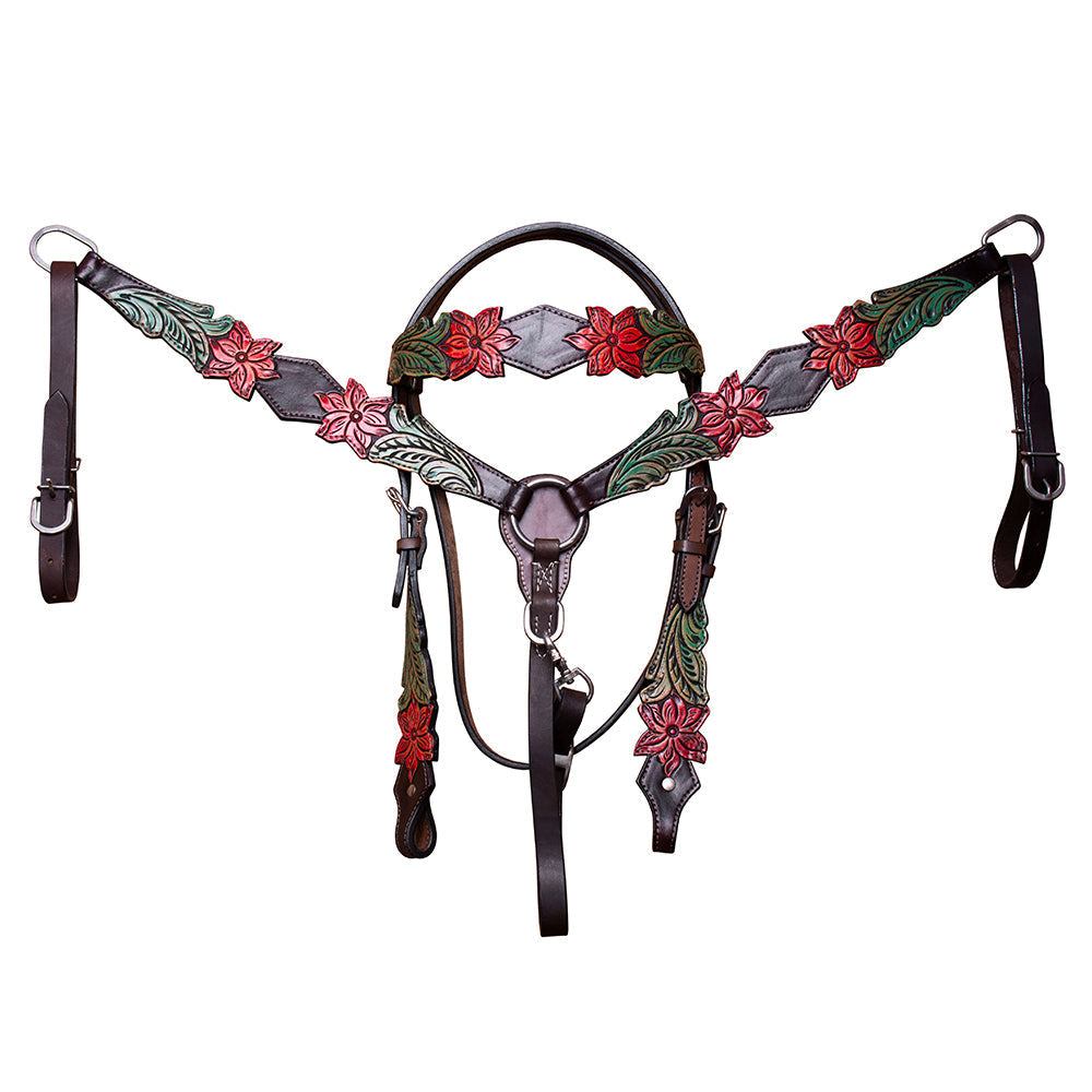 BAR H EQUINE Horse Hand Painted Breast Collar Headstall Genuine Leather Brown