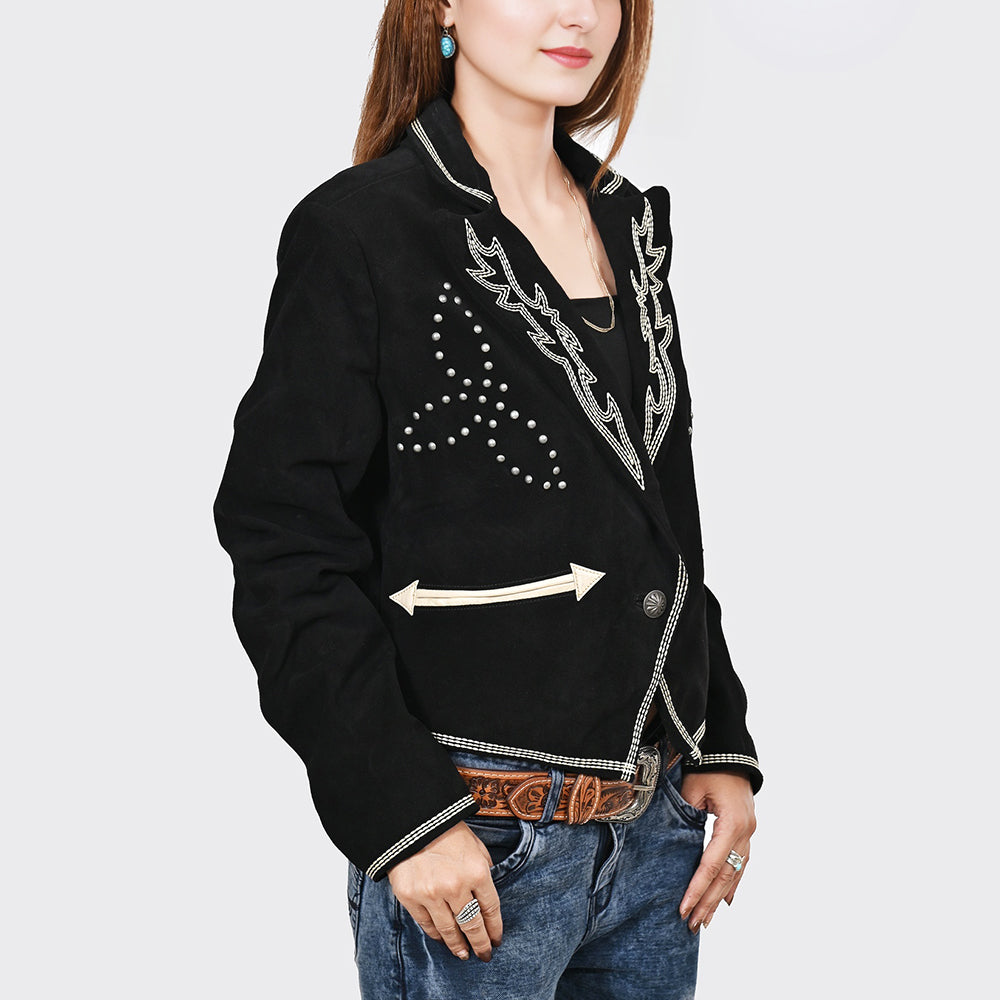 American Darling Genuine Suede Embroidered leather Blazer ladies Girl Black