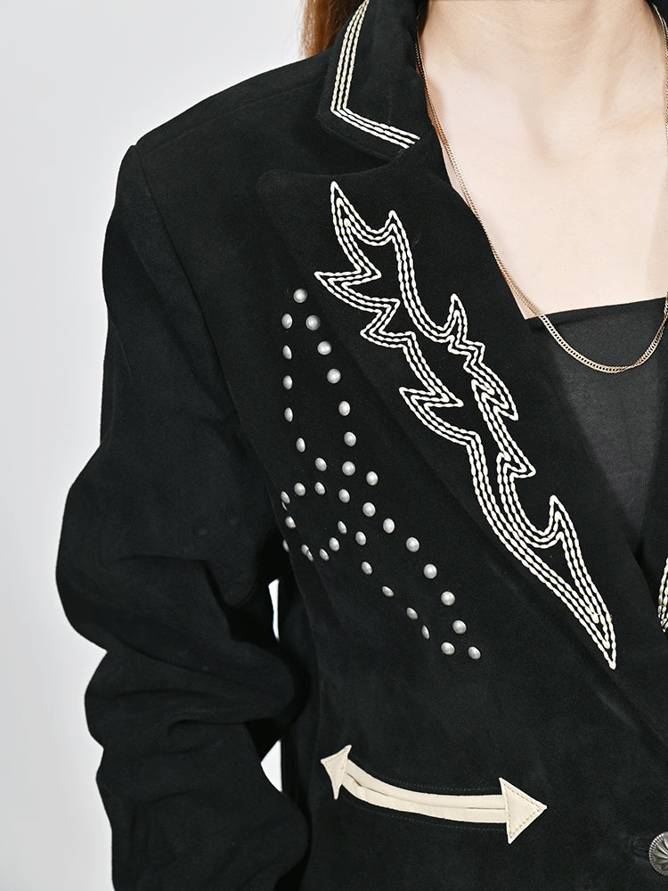 American Darling Genuine Suede Embroidered leather Blazer ladies Girl Black