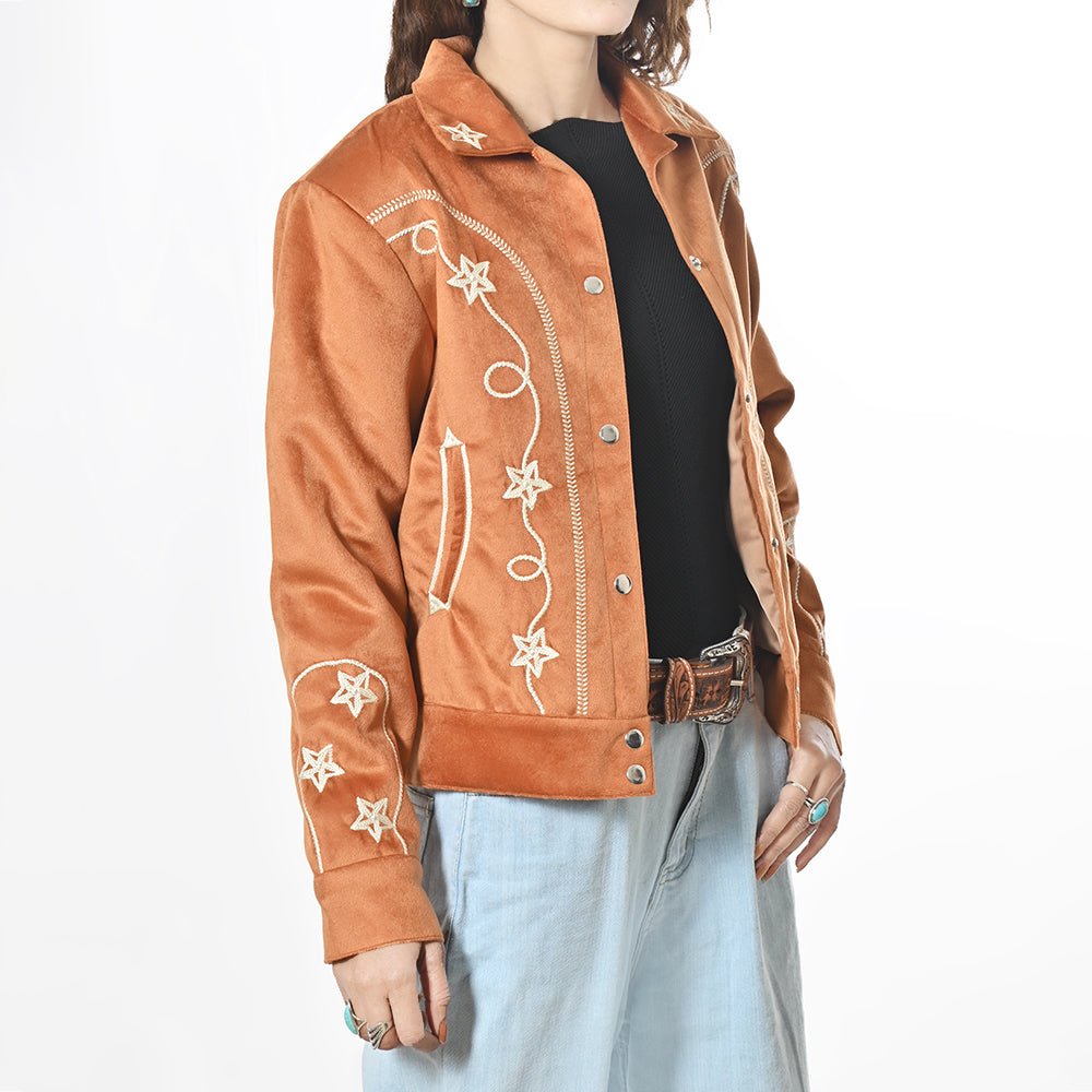 American Darling Women’s Western Suede Jacket Tan Embroidered Star Jean Vintage Cowgirl Blazer with Southwestern Stitching
