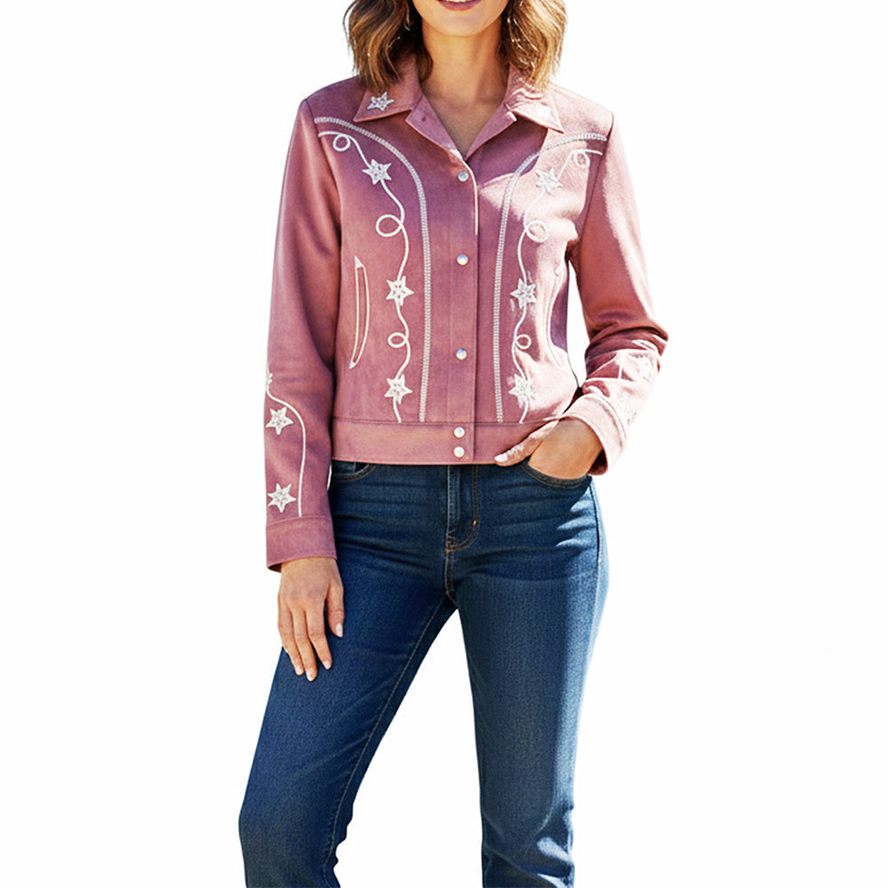 Western Fabric Shirt Jacket Dress Featuring Embroidered Star Detail And Button Front