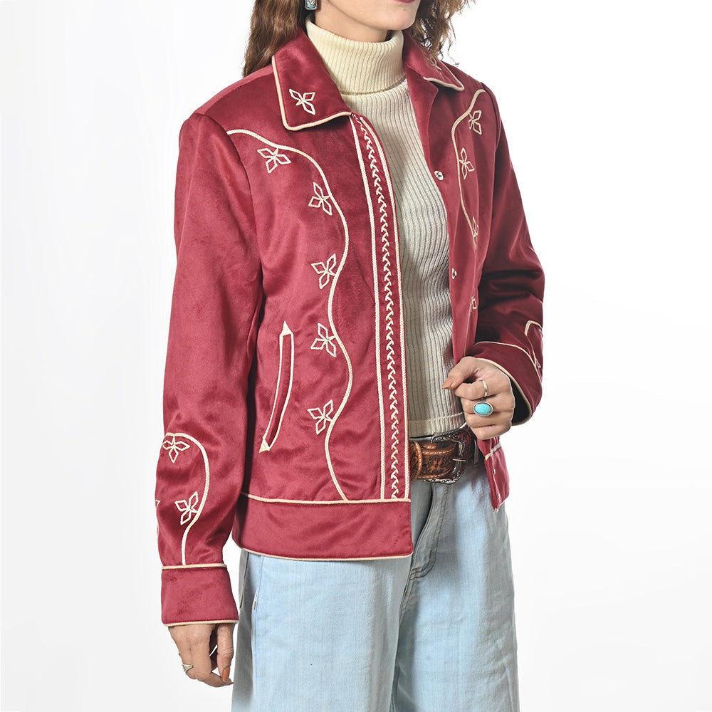 American Darling Women’s Embroidered Fabric Shirt Jacket – Western Button-Front Crop Jacket with Floral Stitching