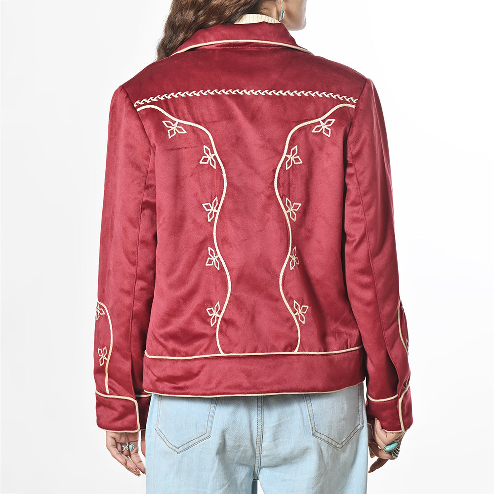 American Darling Women’s Embroidered Fabric Shirt Jacket – Western Button-Front Crop Jacket with Floral Stitching