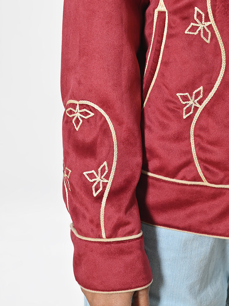 American Darling Women’s Embroidered Fabric Shirt Jacket – Western Button-Front Crop Jacket with Floral Stitching