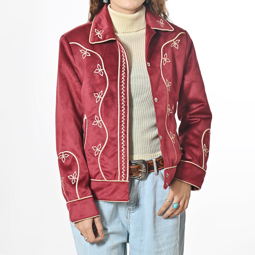 American Darling Women’s Embroidered Fabric Shirt Jacket – Western Button-Front Crop Jacket with Floral Stitching