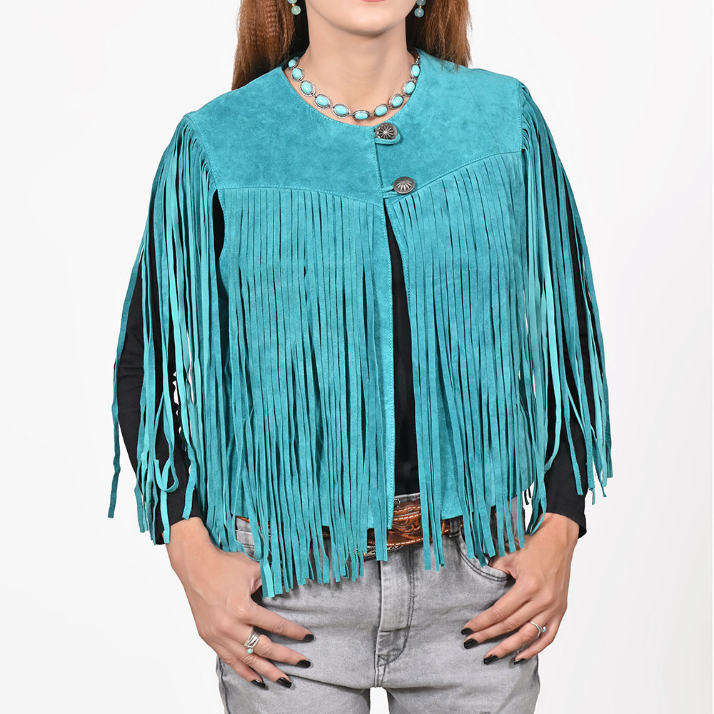 American Darling Women's Premium Turquoise Genuine Suede Leather Fringe Vest | Western Boho Statement Jacket