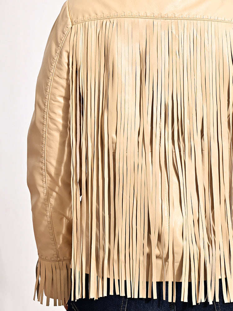 American Darling Women’s Tan Genuine Leather Fringe Jacket | Western Boho Shirt Coat