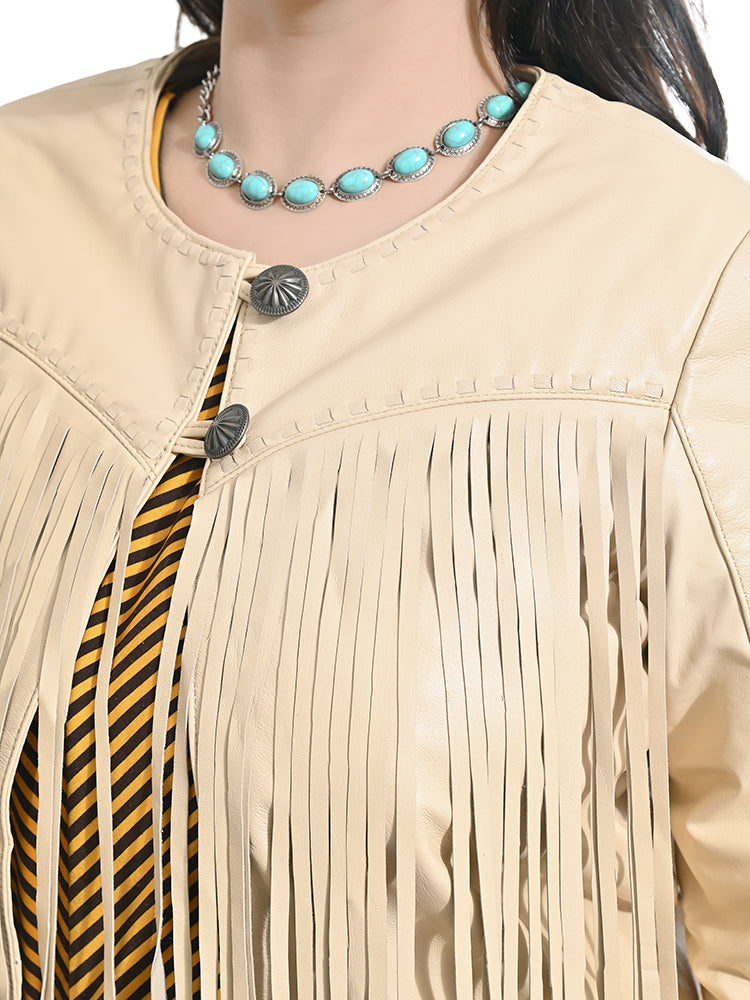 American Darling Women’s Tan Genuine Leather Fringe Jacket | Western Boho Shirt Coat