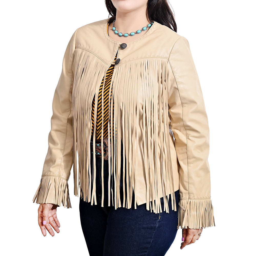 American Darling Women’s Tan Genuine Leather Fringe Jacket | Western Boho Shirt Coat