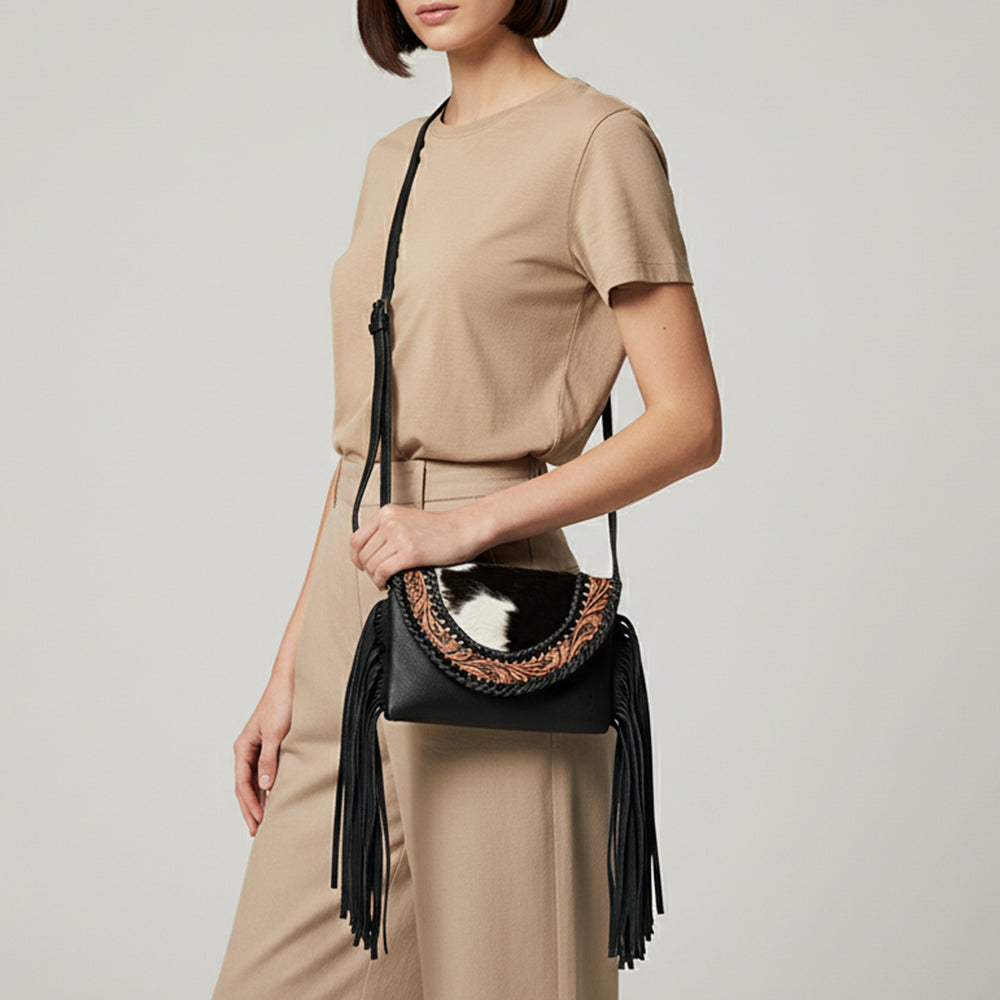 American Darling Small Cross body Bag, Hand Tooled Floral Carved Leather, Hair-On Cowhide with Fringes and YKK Zipper