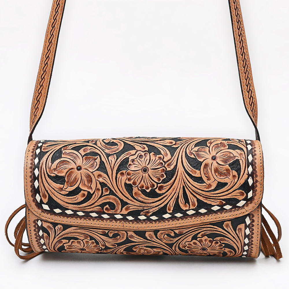 American Darling Western Cross body Bag Hand Tooled Floral Leather Purse with Fringes Buck Stitched Trim and Concho Detail