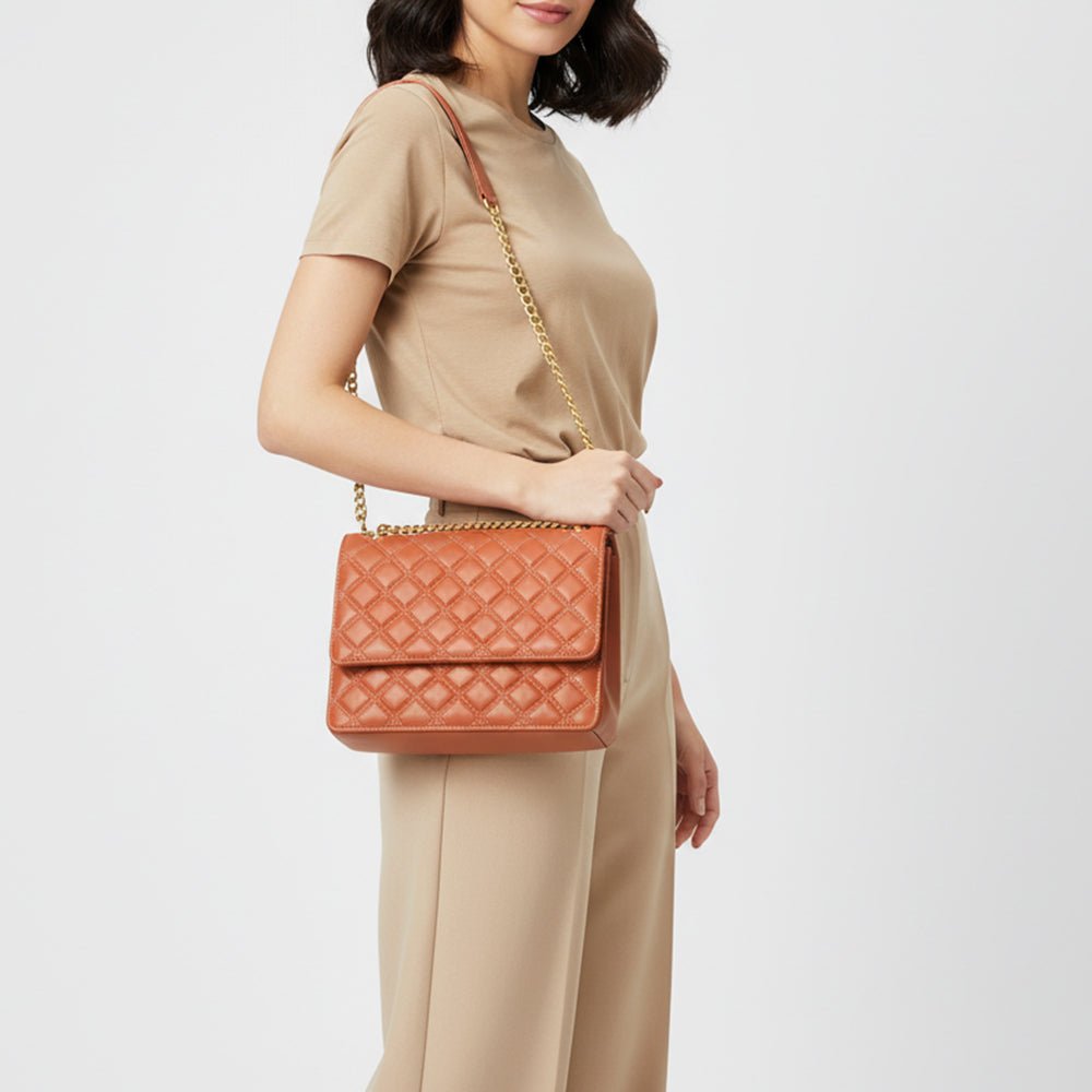 Genuine Leather Quilted Crossbody Bag For Women With Adjustable Chain Strap Everyday