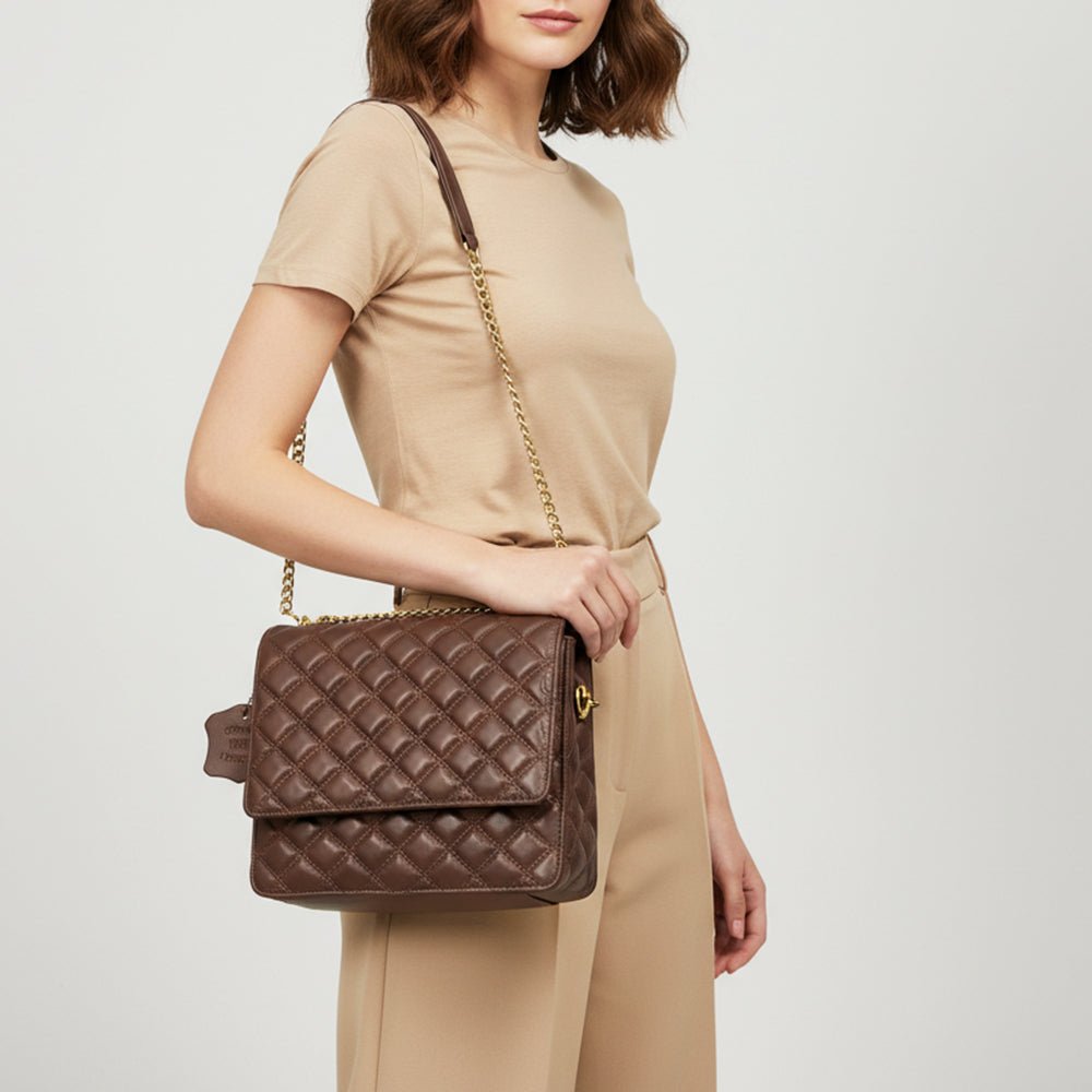 Genuine Leather Quilted Crossbody Bag For Women With Adjustable Chain Strap Everyday