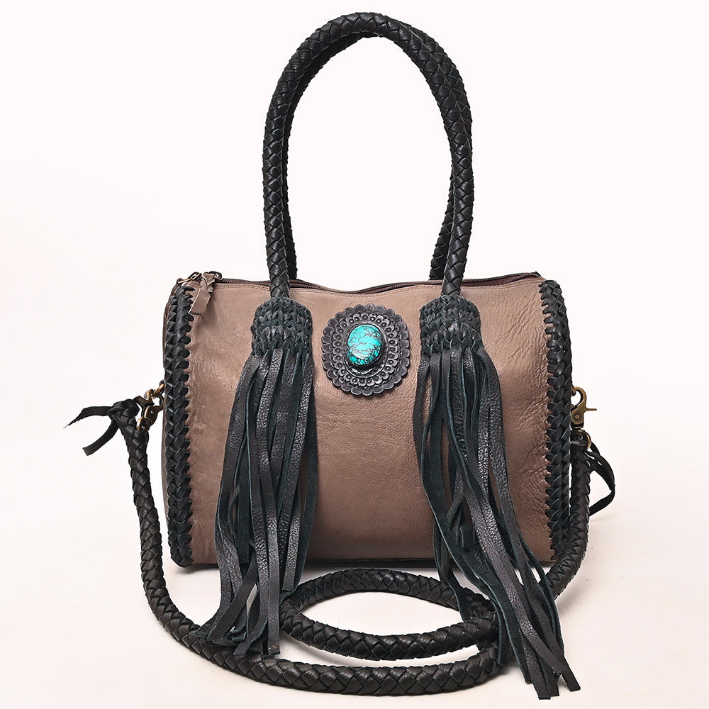 American Darling Speedy Bag Western Genuine Leather Handcrafted Purse with Fringes, Braided Handles and Turquoise Stone