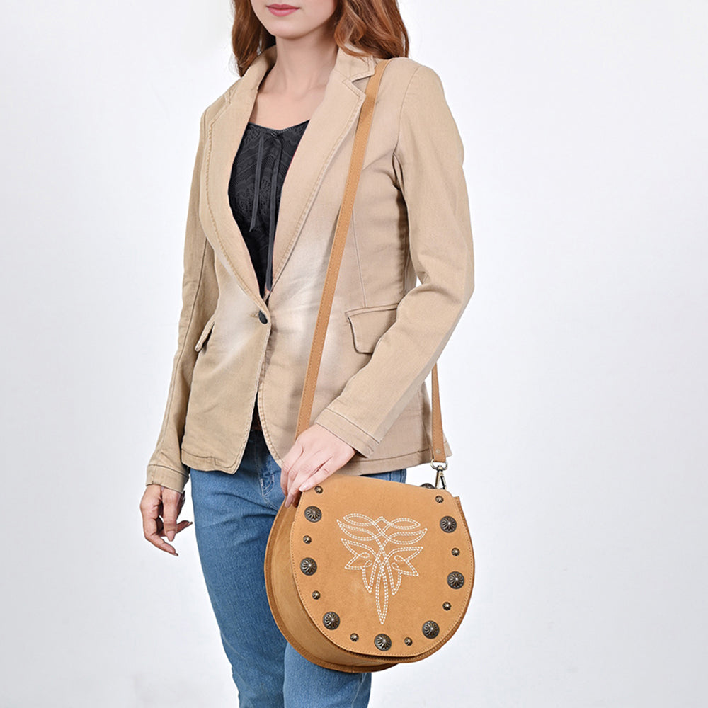American Darling Cross body Bag Western Suede Leather Purse with Boot Stitched Design Concho and YKK Zipper for Women