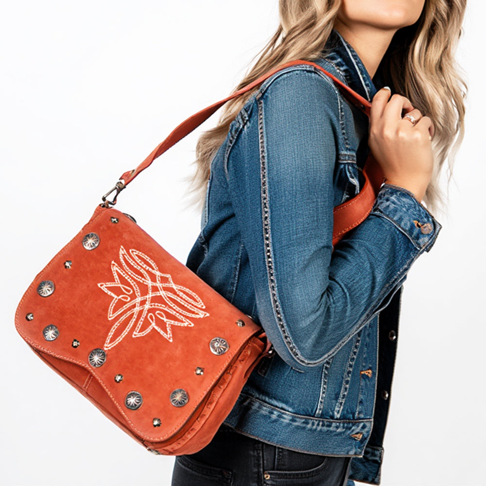 American Darling Genuine Leather Cross body Bag Handcrafted Concho Embroidery Eco-Friendly Vegetable Tanned Full Grain Leather