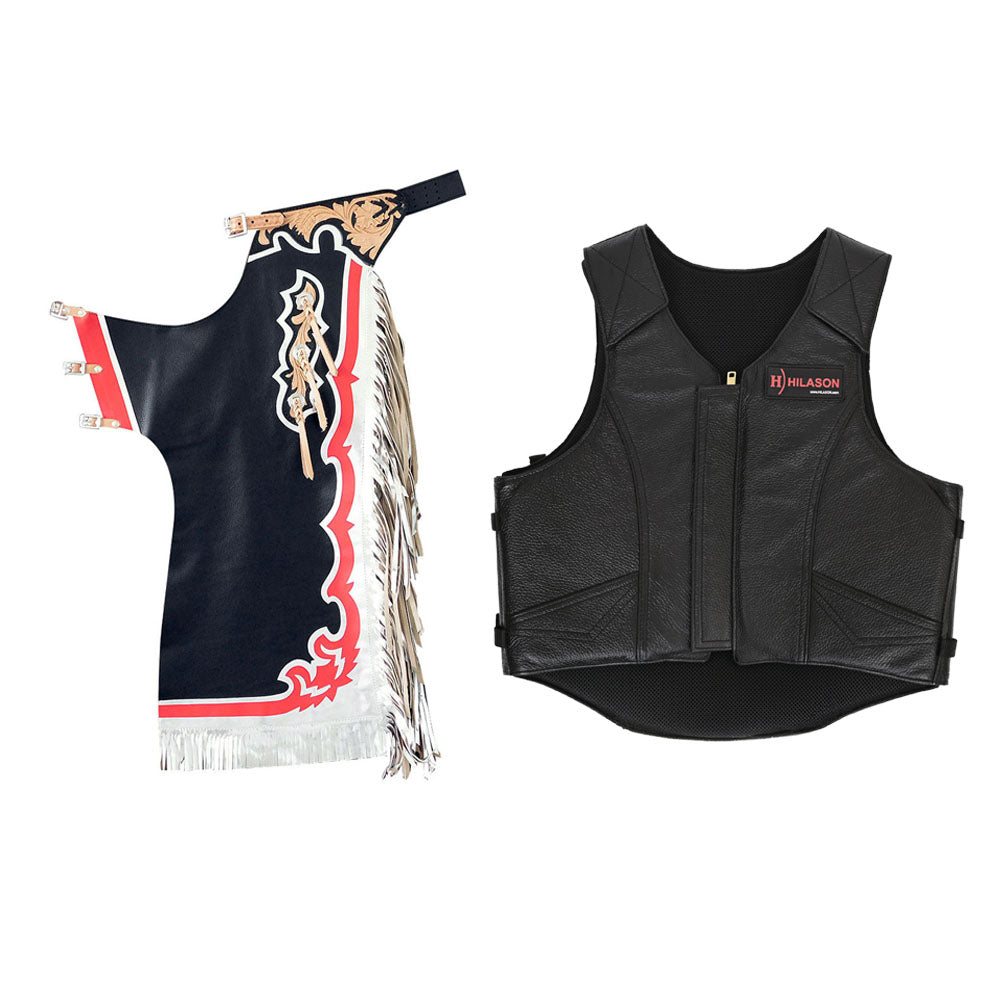HILASON Western Horse Bull Riding Safety Leather Protective Vest & Rodeo Chaps Combo