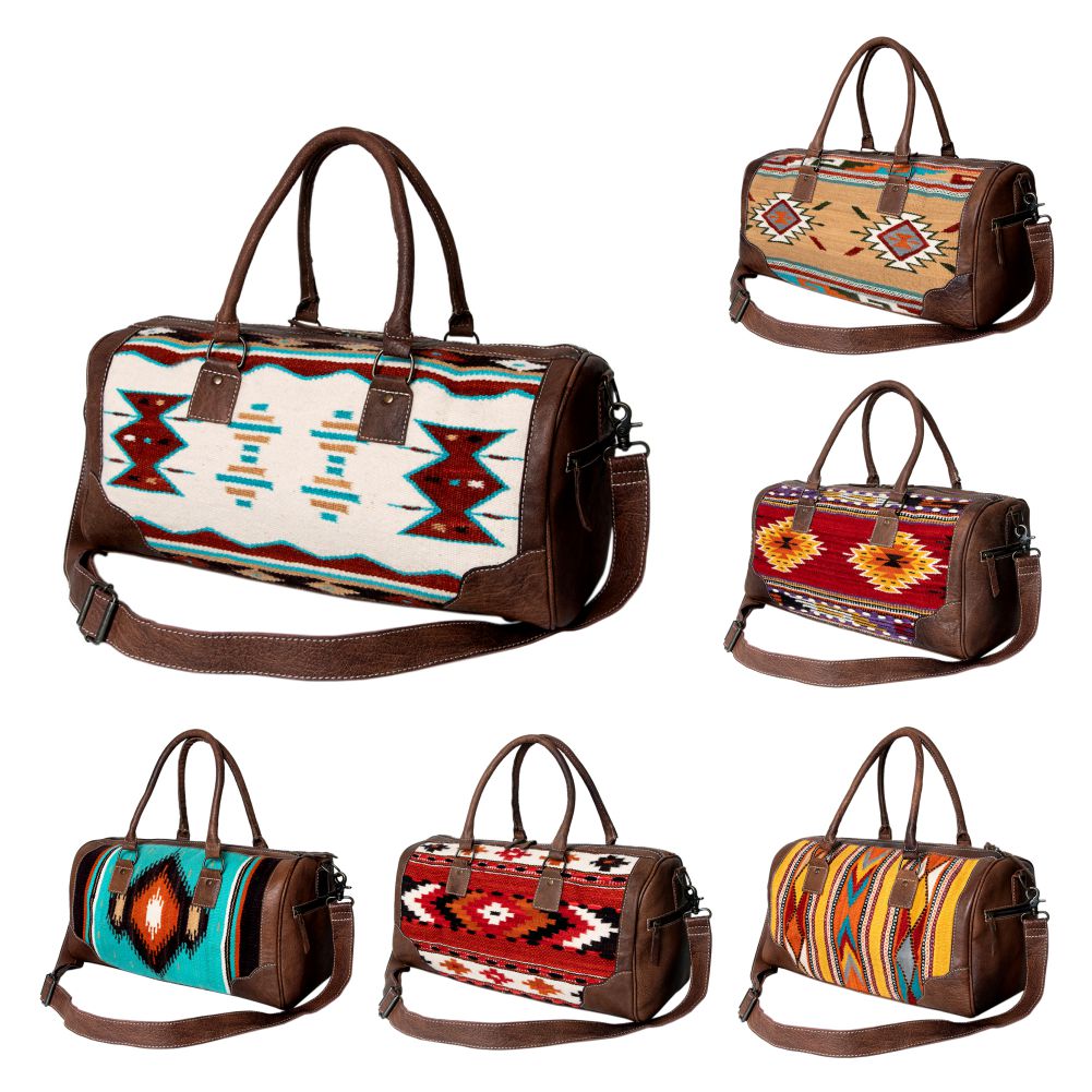 American Darling Western Duffle Bag – Handwoven Saddle Blanket with Genuine Leather Trim, Spacious Travel and Weekend Tote