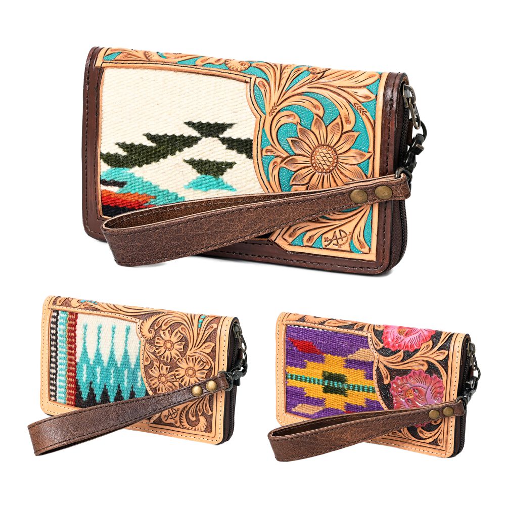 American Darling Western Organizer Bag Hand Woven Saddle Blanket Hand Tooled Leather Small Organizer 4.5in (H) X 8in (W)