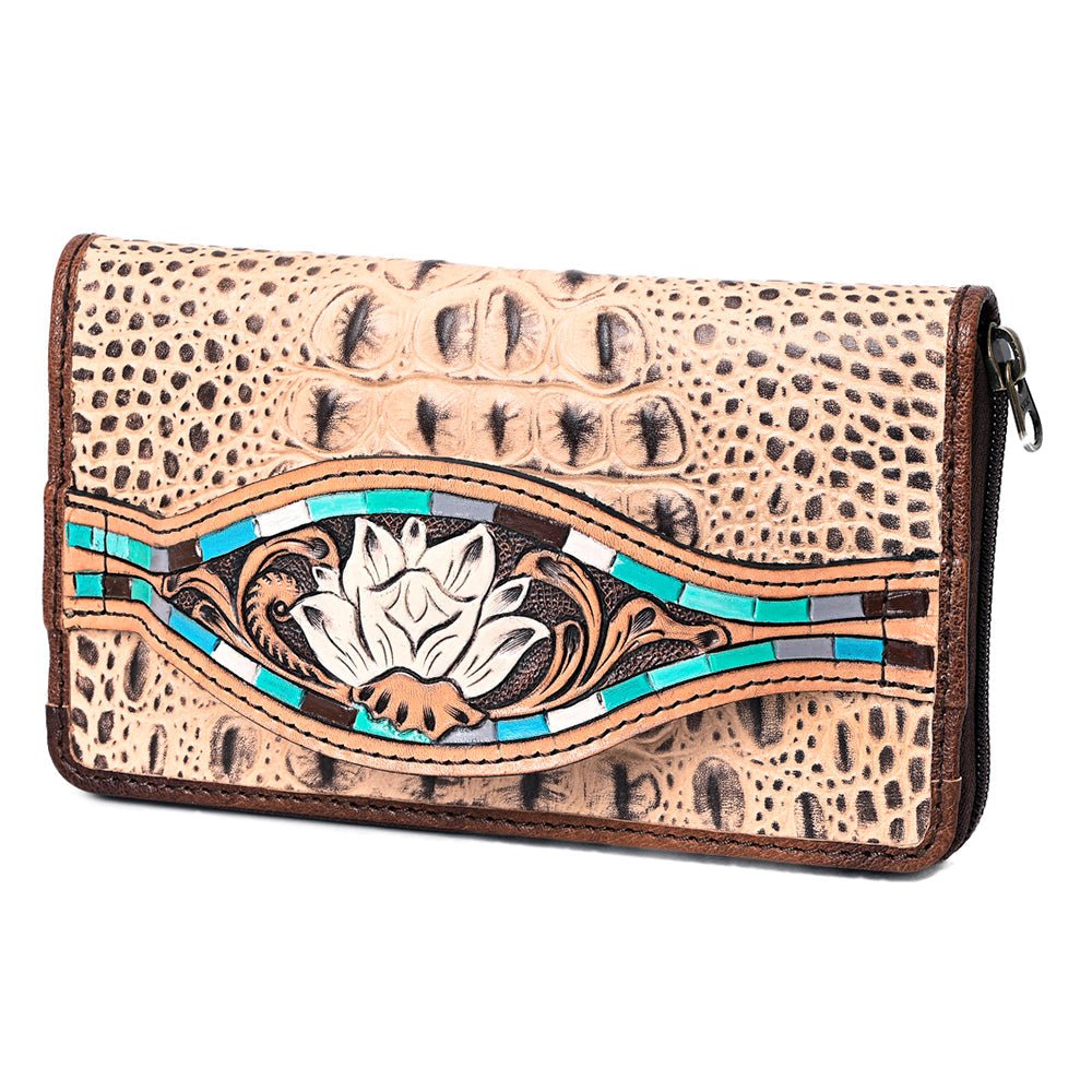 American Darling Wallet Hand Tooled Crocodile Embossed Genuine Leather