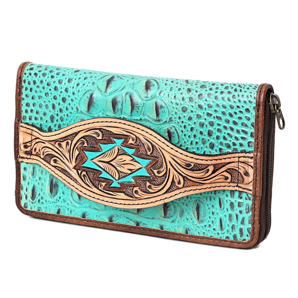 American Darling Wallet Hand Tooled Crocodile Embossed Genuine Leather