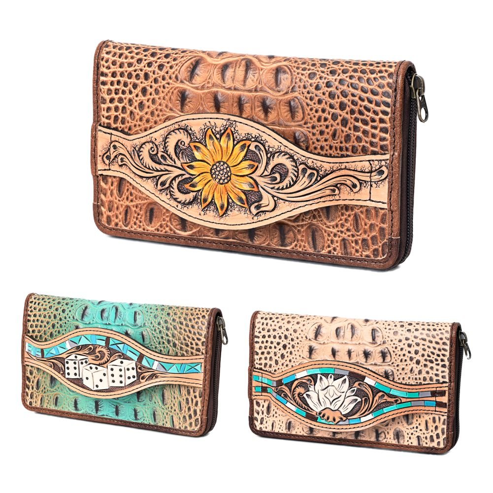 American Darling Wallet Hand Tooled Crocodile Embossed Genuine Leather