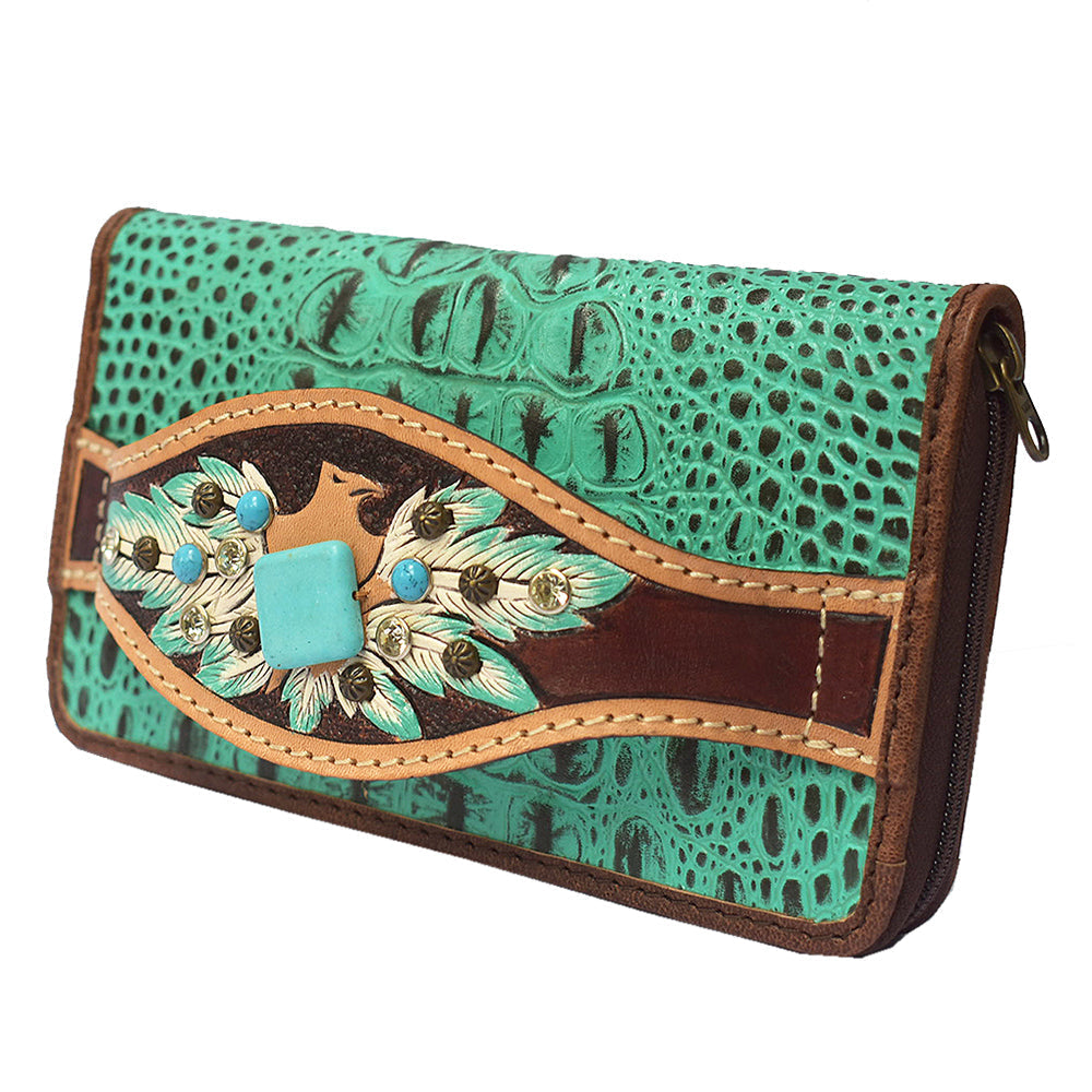 American Darling Clutch Hand Tooled Crocodile Embossed Genuine Leather