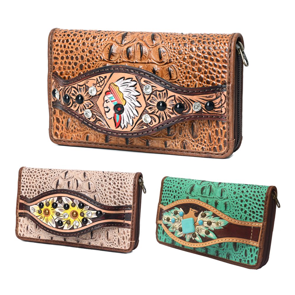 American Darling Clutch Hand Tooled Crocodile Embossed Genuine Leather