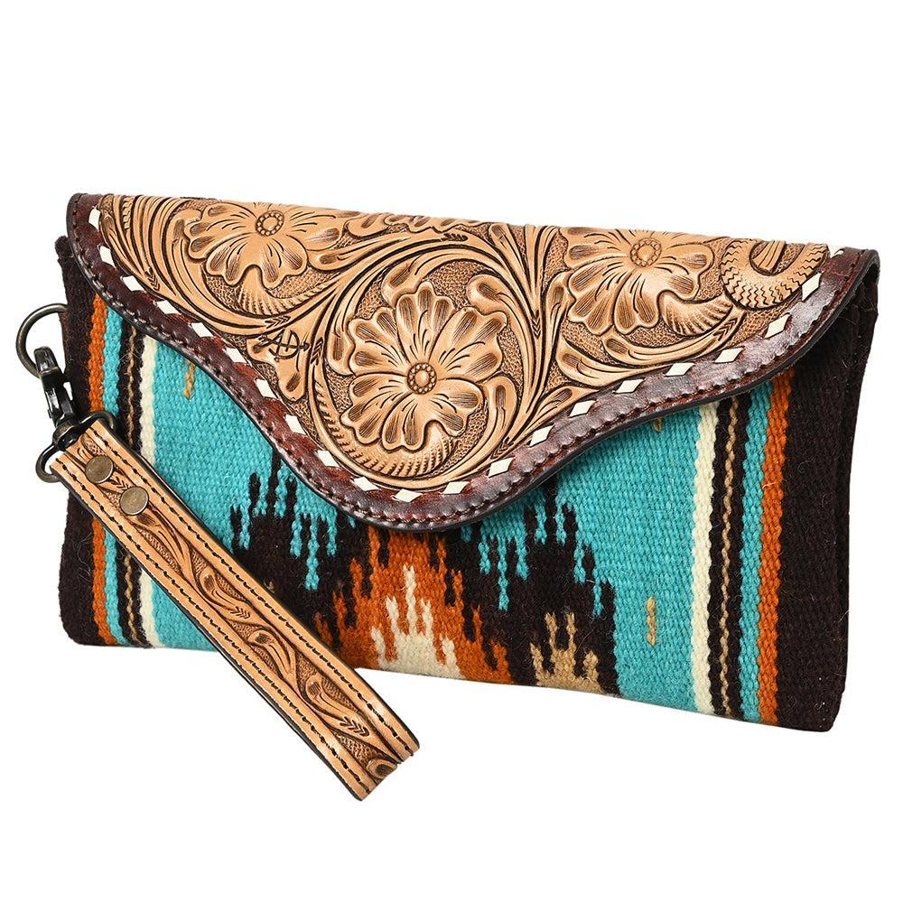 American Darling Wristlet Hand Tooled Upcycled Wool Genuine Leather