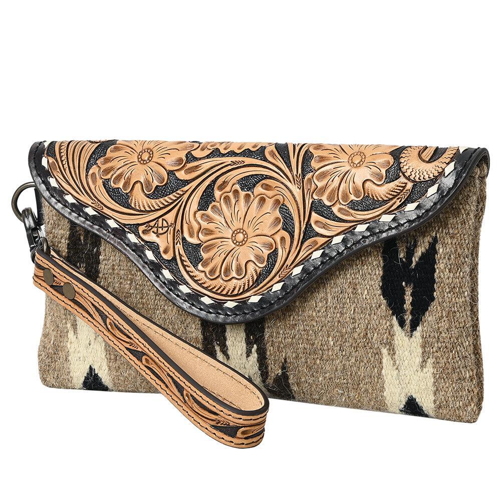 American Darling Wristlet Hand Tooled Upcycled Wool Genuine Leather